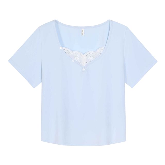 Short-Sleeve V-Neck Lace Trim Plain Top