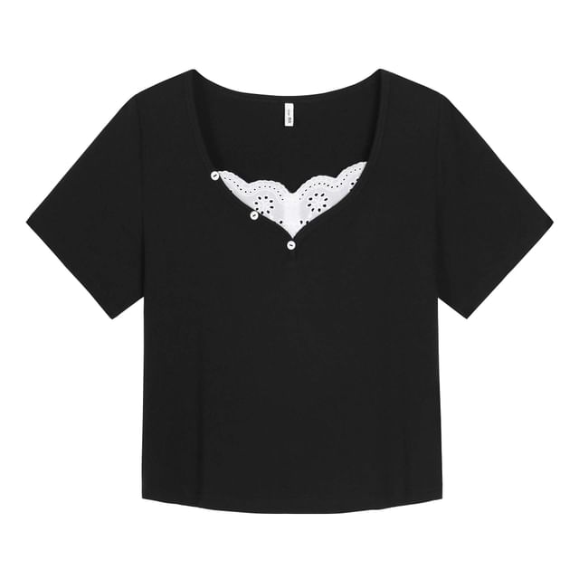 Short-Sleeve V-Neck Lace Trim Plain Top
