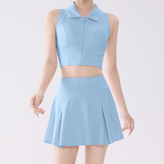 Set: Sleeveless Plain Crop Sport Top + High Waist Mini Skirt