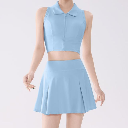 Set: Sleeveless Plain Crop Sport Top + High Waist Mini Skirt