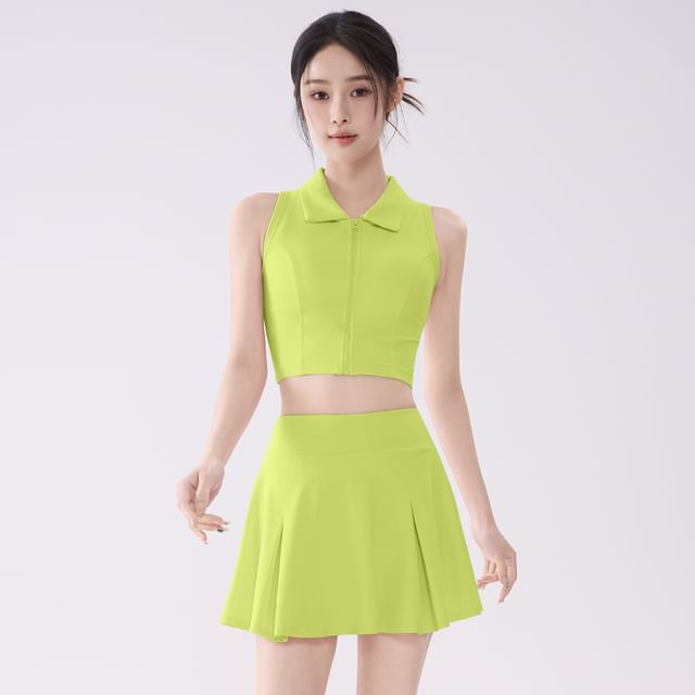 Set: Sleeveless Plain Crop Sport Top + High Waist Mini Skirt