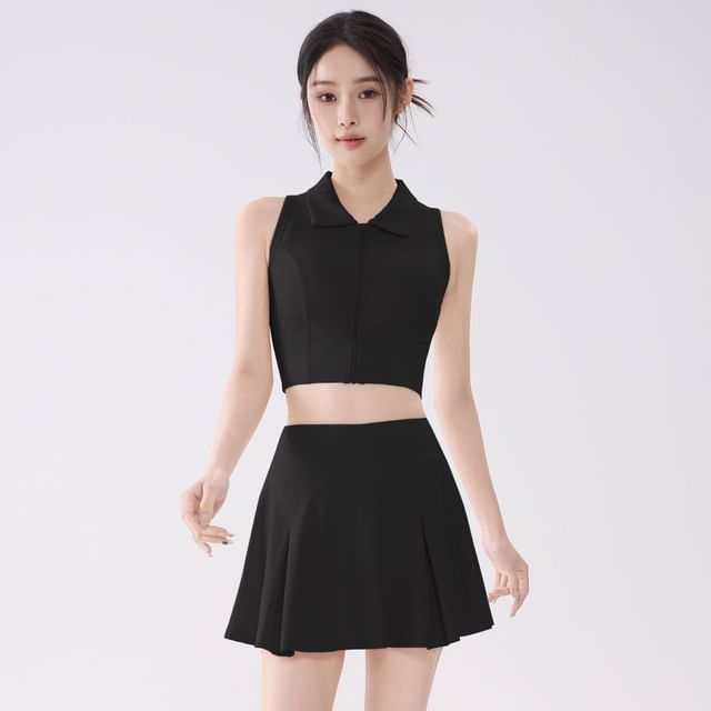 Set: Sleeveless Plain Crop Sport Top + High Waist Mini Skirt