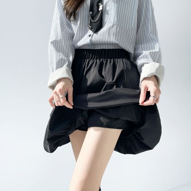 Elastic Waist Plain Ruched A-Line Skirt