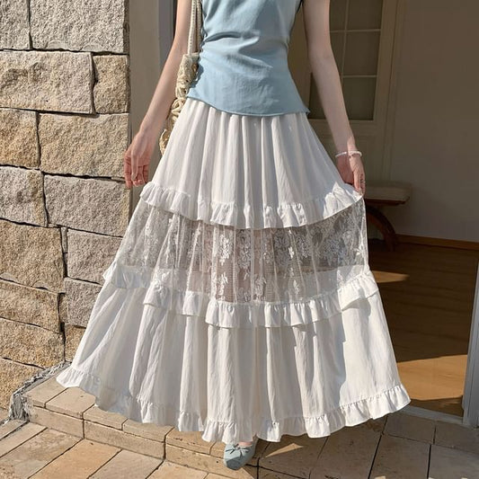 High Waist Plain Ruffle Lace Panel Maxi A-Line Skirt