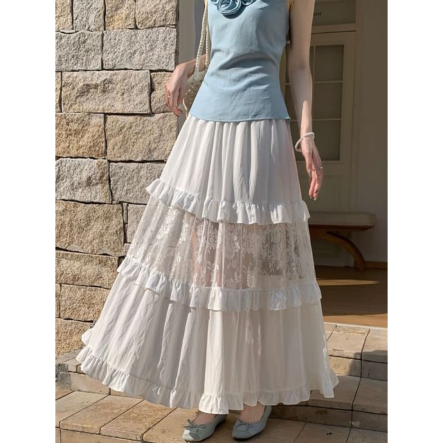 High Waist Plain Ruffle Lace Panel Maxi A-Line Skirt