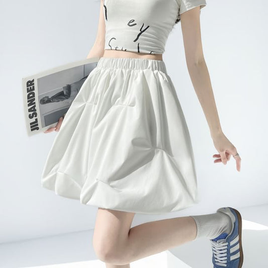 Elastic Waist Plain Ruched A-Line Skirt
