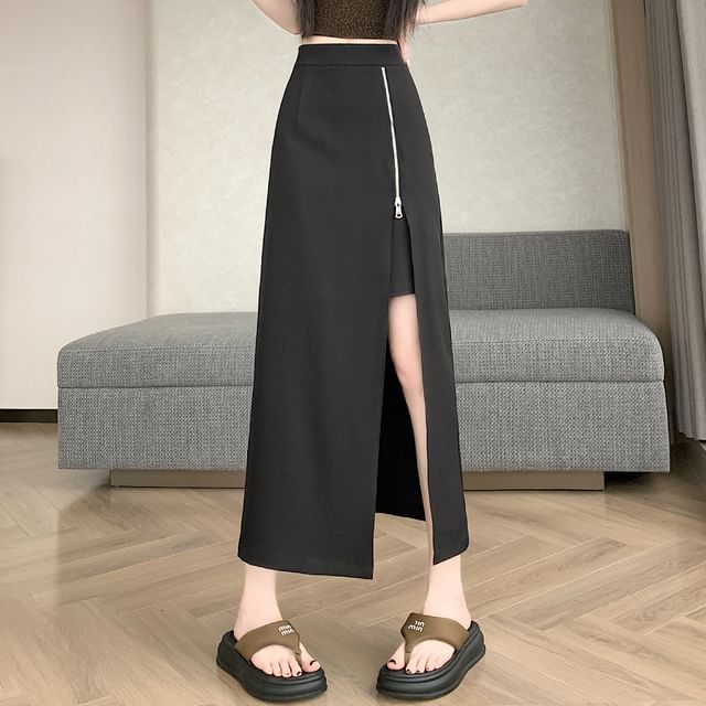 High Waist Plain Side-Slit Maxi A-Line Skirt