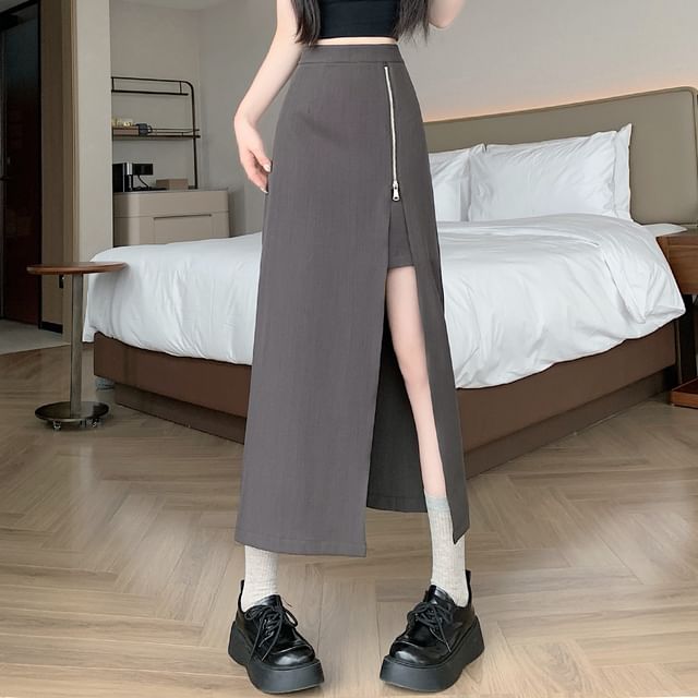 High Waist Plain Side-Slit Maxi A-Line Skirt