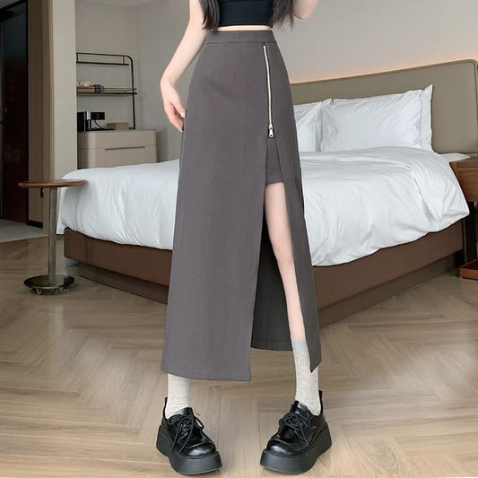 High Waist Plain Side-Slit Maxi A-Line Skirt