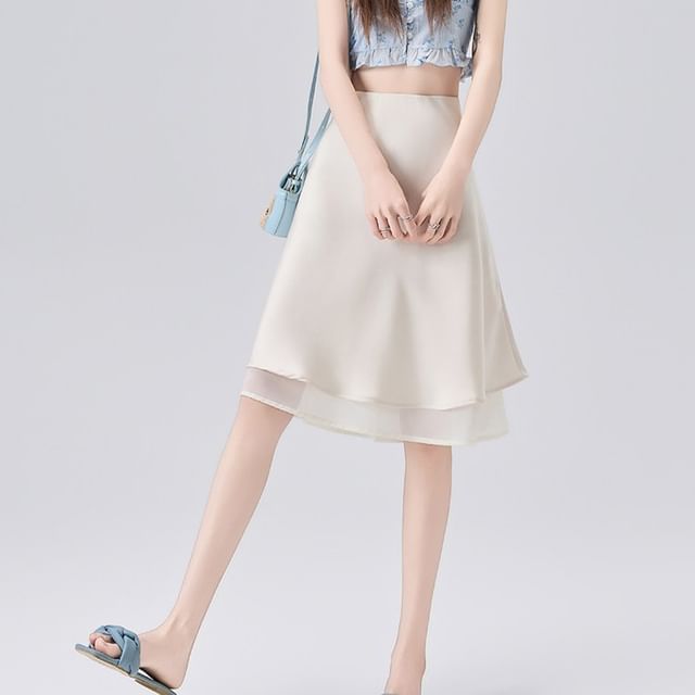 High Waist Plain Satin A-Line Skirt