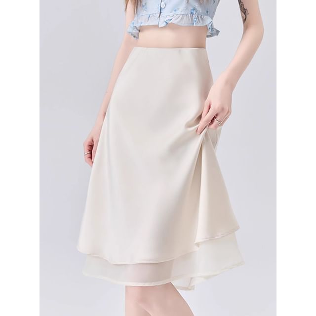 High Waist Plain Satin A-Line Skirt