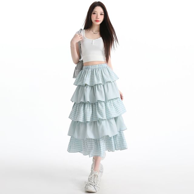 Elastic Waist Gingham Tiered Midi A-Line Skirt