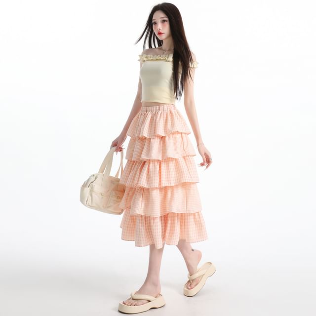 Elastic Waist Gingham Tiered Midi A-Line Skirt