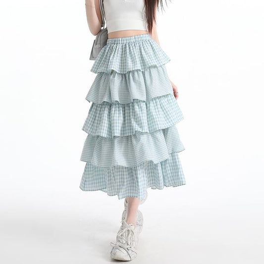 Elastic Waist Gingham Tiered Midi A-Line Skirt