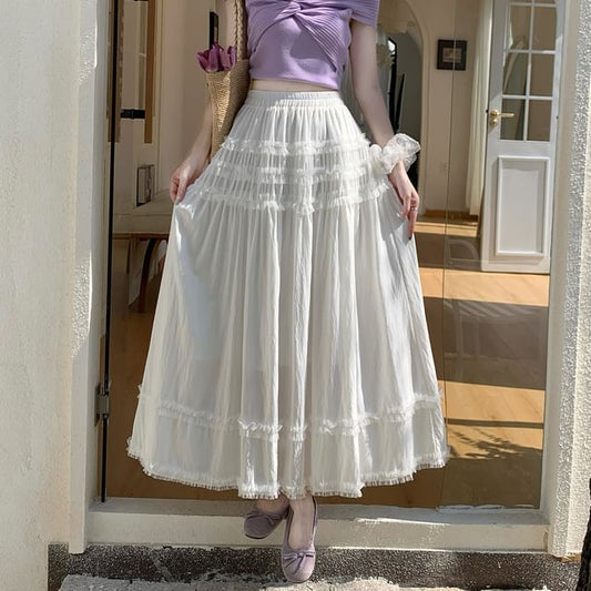 High Waist Plain Ruffle Maxi A-Line Skirt