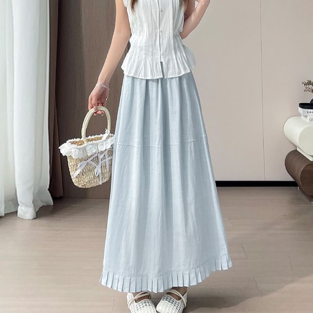 High Waist Plain Pleated Panel Maxi A-Line Skirt