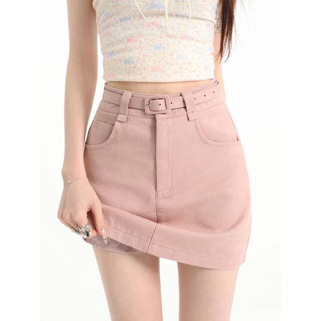 Set: High Waist Plain Mini Pencil Skirt + Belt