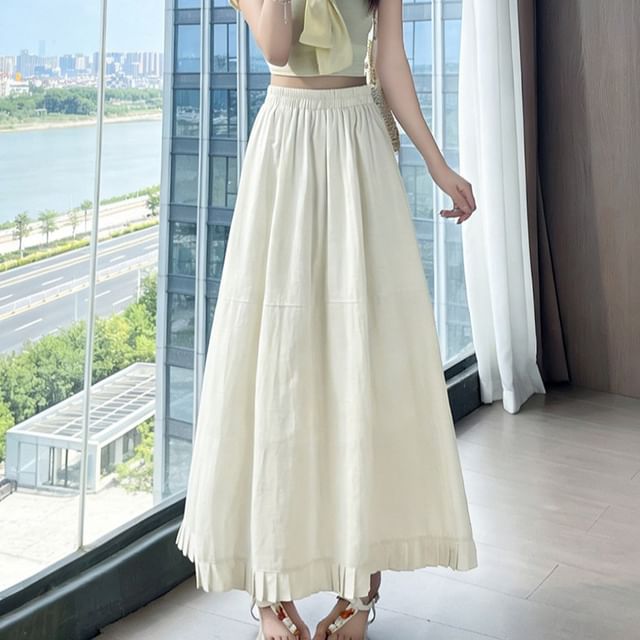 High Waist Plain Pleated Panel Maxi A-Line Skirt