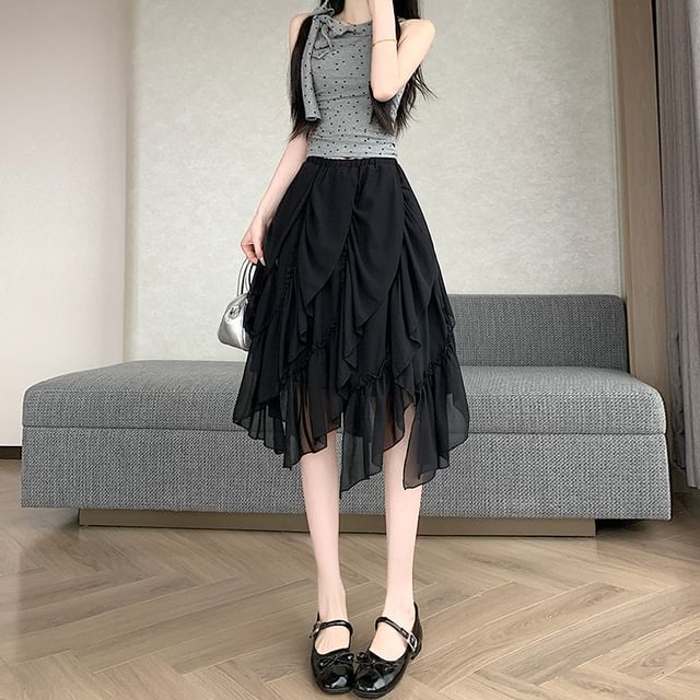 Elastic Waist Plain Ruffle Panel Asymmetrical Midi A-Line Skirt