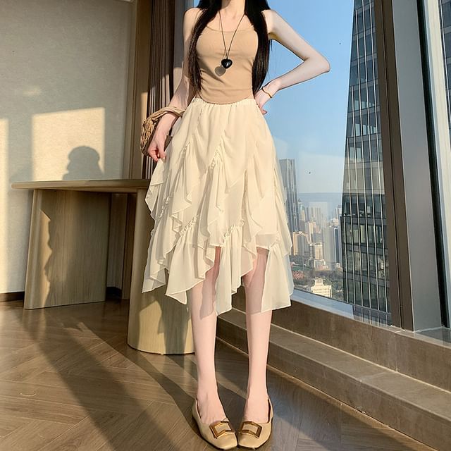 Elastic Waist Plain Ruffle Panel Asymmetrical Midi A-Line Skirt