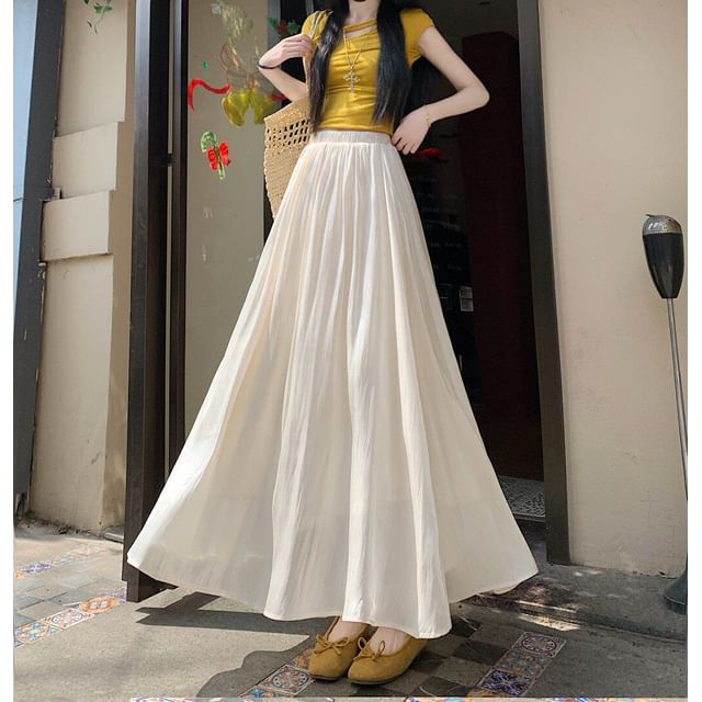 High Waist Plain Mesh Maxi A-Line Skirt