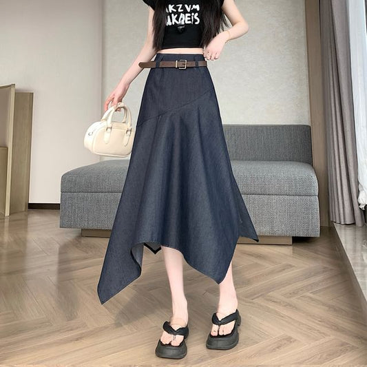 Set: Elastic Waist Plain Asymmetrical Midi A-Line Skirt + Belt