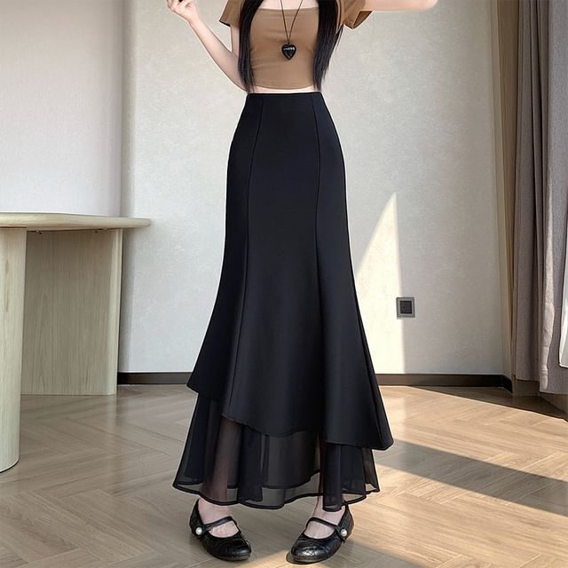 High Waist Plain Layered Panel Mesh Maxi Mermaid Skirt
