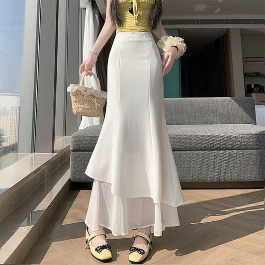 High Waist Plain Layered Panel Mesh Maxi Mermaid Skirt