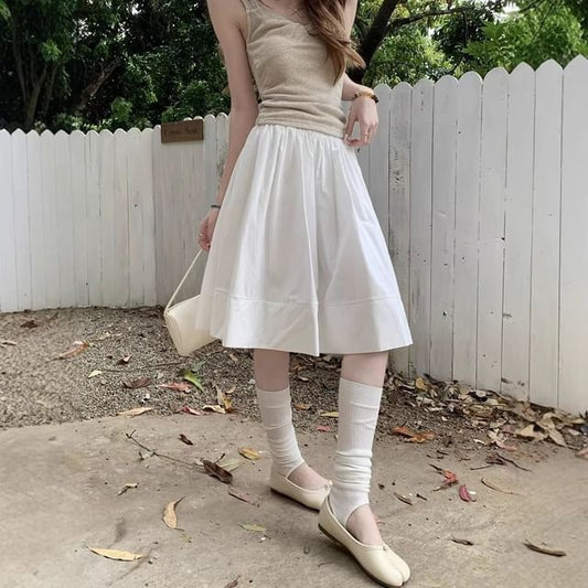 High Waist Plain Midi A-Line Skirt