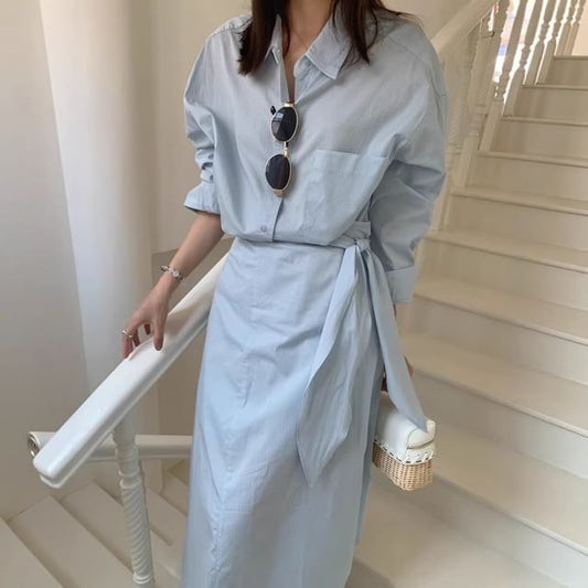 Set: Long-Sleeve Plain Shirt + High Waist Maxi Skirt