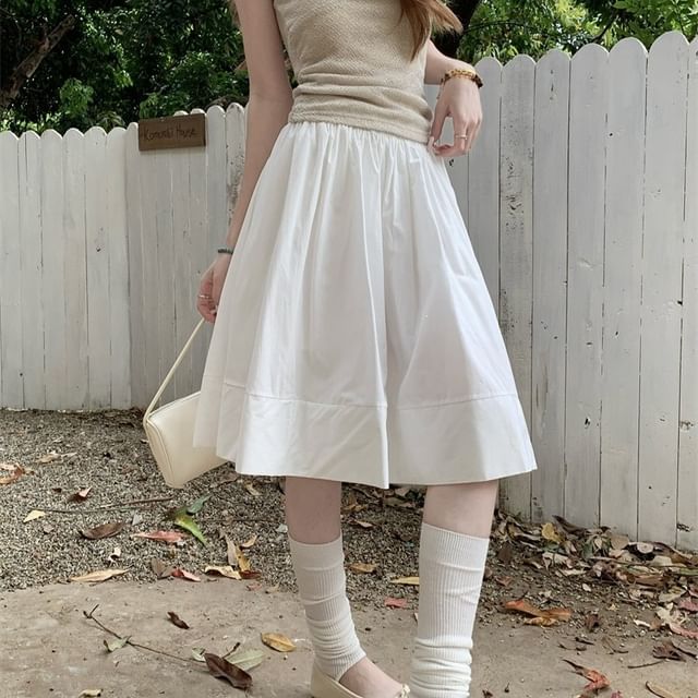 High Waist Plain Midi A-Line Skirt