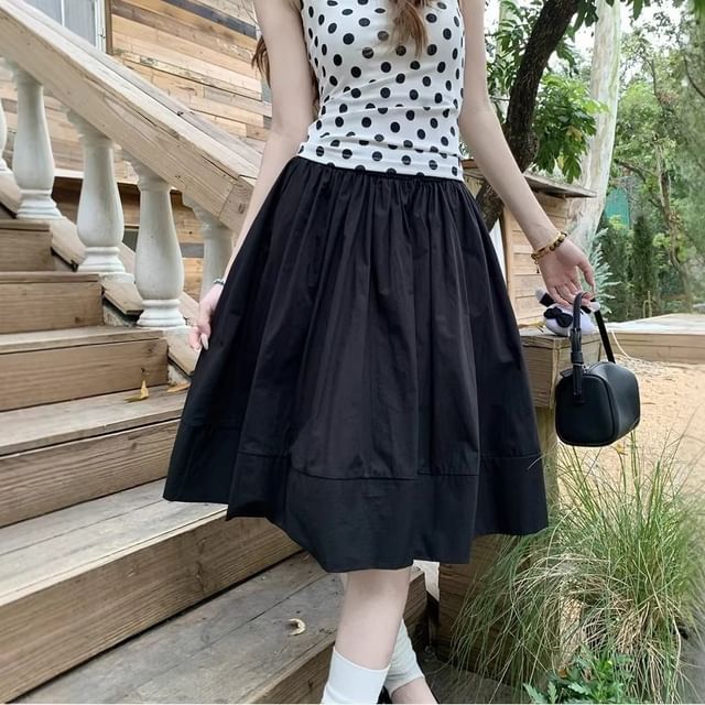 High Waist Plain Midi A-Line Skirt