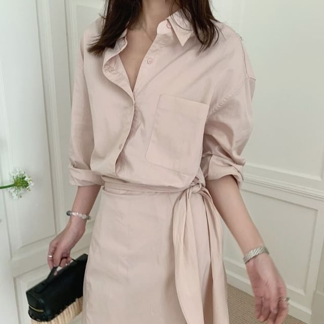 Set: Long-Sleeve Plain Shirt + High Waist Maxi Skirt
