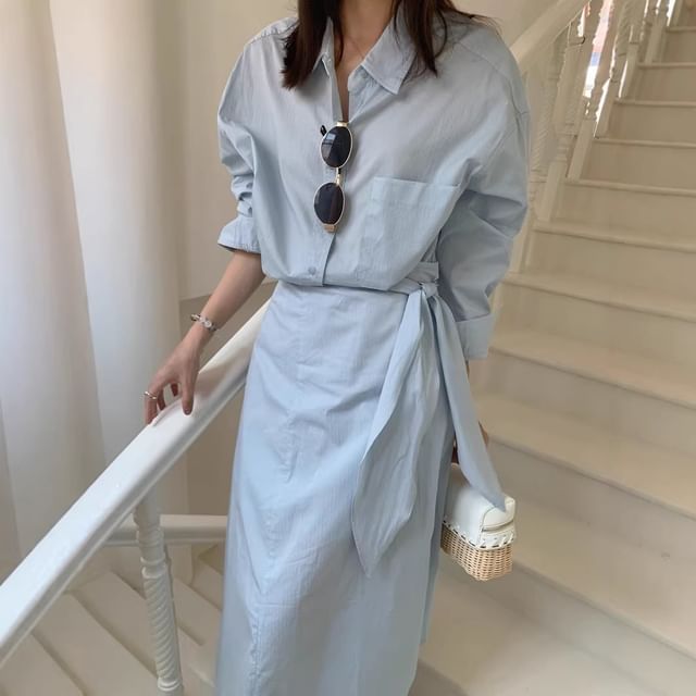 Set: Long-Sleeve Plain Shirt + High Waist Maxi Skirt