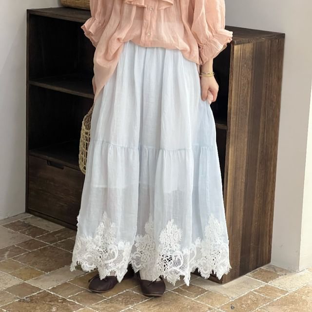 High Waist Lace Panel Maxi A-Line Skirt