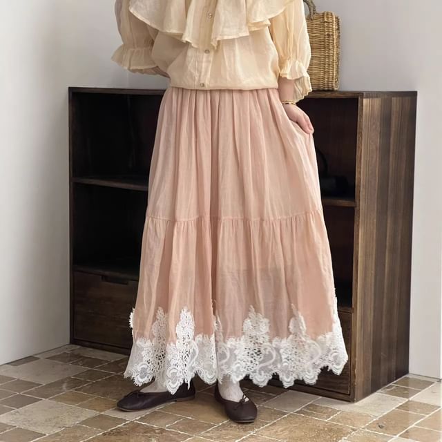 High Waist Lace Panel Maxi A-Line Skirt