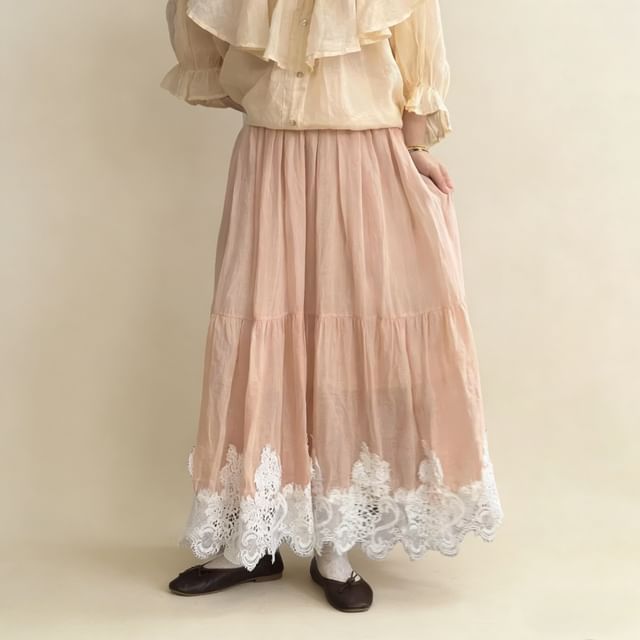 High Waist Lace Panel Maxi A-Line Skirt