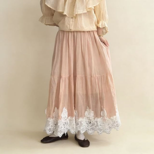 High Waist Lace Panel Maxi A-Line Skirt