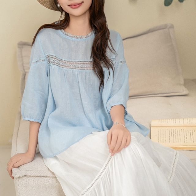 Puff-Sleeve Crewneck Lace Trim Tunic