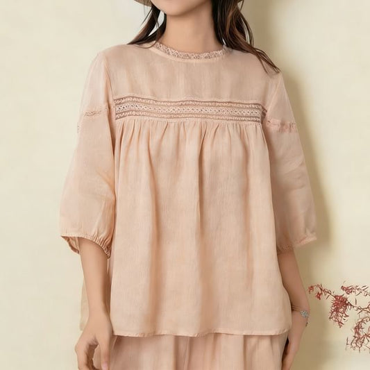 Puff-Sleeve Crewneck Lace Trim Tunic