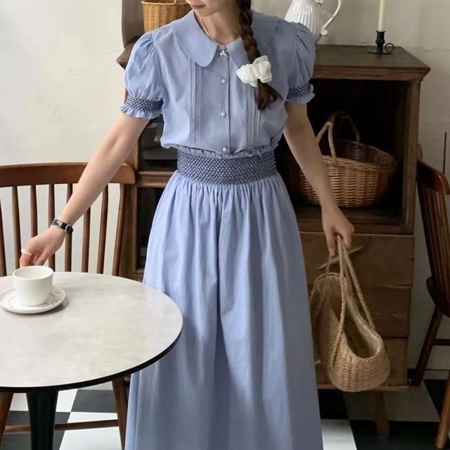 Short-Sleeve Collared Plaid Trim Blouse / Mid Rise Plain Maxi A-Line Skirt