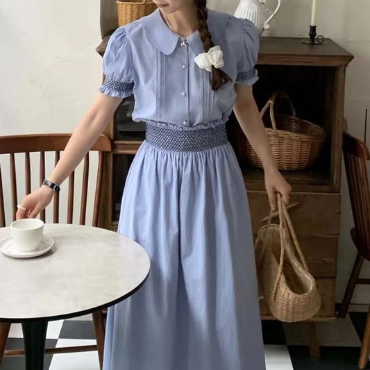 Short-Sleeve Collared Plaid Trim Blouse / Mid Rise Plain Maxi A-Line Skirt