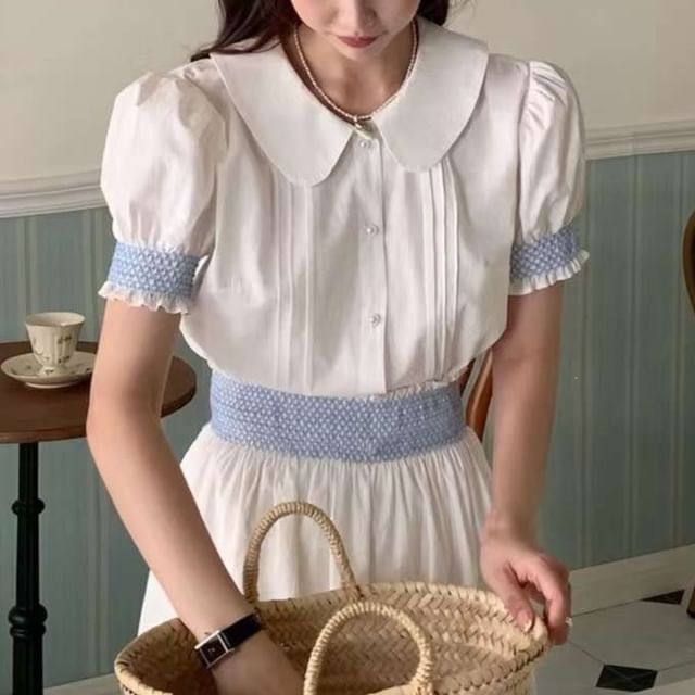 Short-Sleeve Collared Plaid Trim Blouse / Mid Rise Plain Maxi A-Line Skirt