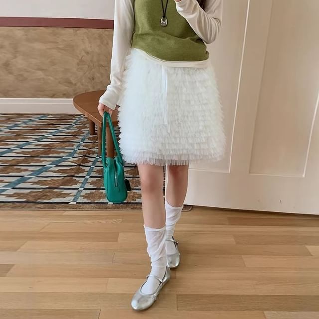 Mid Rise Ruffle Trim Mini A-Line Skirt