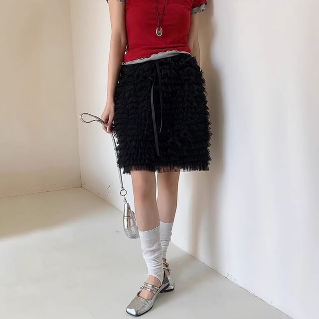 Mid Rise Ruffle Trim Mini A-Line Skirt