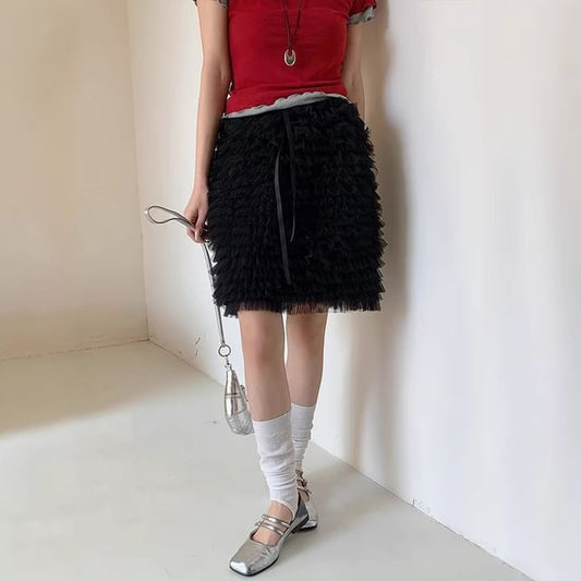 Mid Rise Ruffle Trim Mini A-Line Skirt
