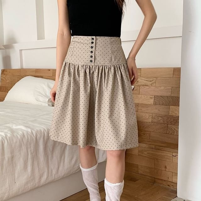 Mid Rise Dotted Ruched A-Line Skirt