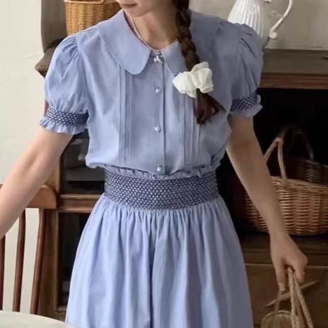 Short-Sleeve Collared Plaid Trim Blouse / Mid Rise Plain Maxi A-Line Skirt