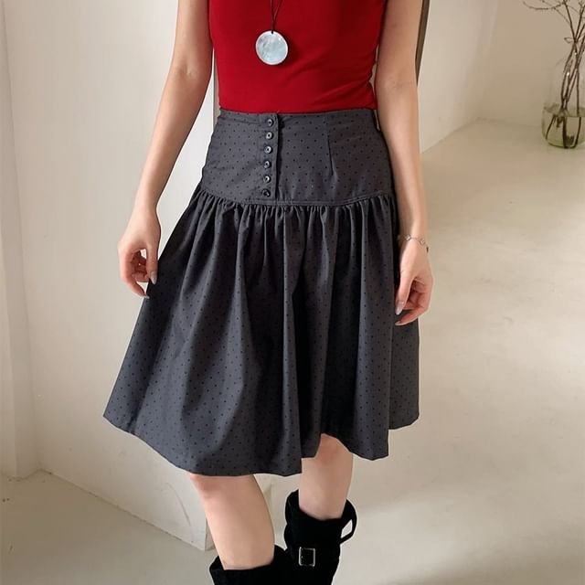 Mid Rise Dotted Ruched A-Line Skirt