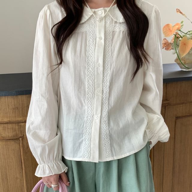 Long Sleeve Collared Plain Panel Lace Blouse